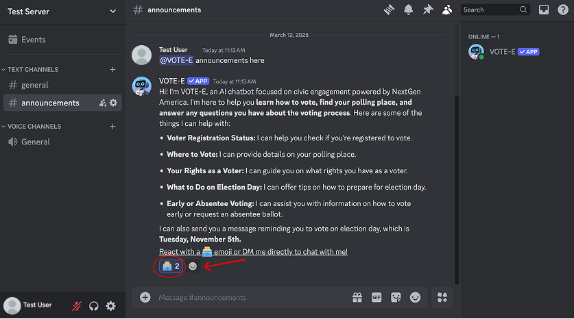 Discord screenshot showing a direct message conversation with VOTE-E