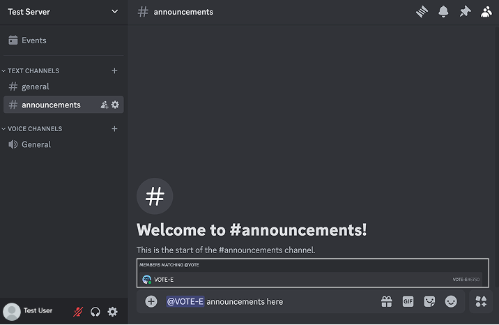 Discord screenshot showing a user typing @VOTE-E announcements here in the #announcements channel