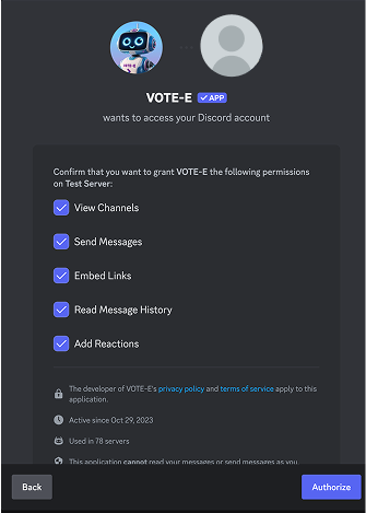 Discord authorization screen showing VOTE-E requesting View Channels, Send Messages, Embed Links, Read Message History, and Add Reactions permissions
