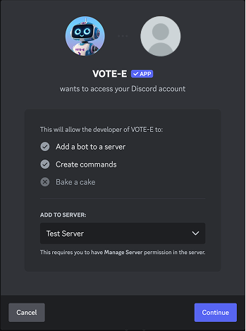 Discord server selection screen showing how to choose which server to add VOTE-E to