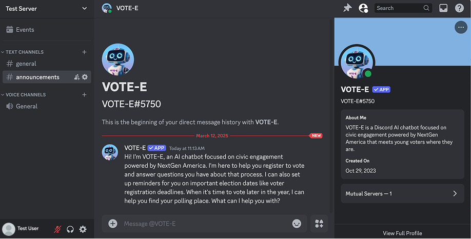 Discord screenshot showing a user mentioning @VOTE-E in a channel